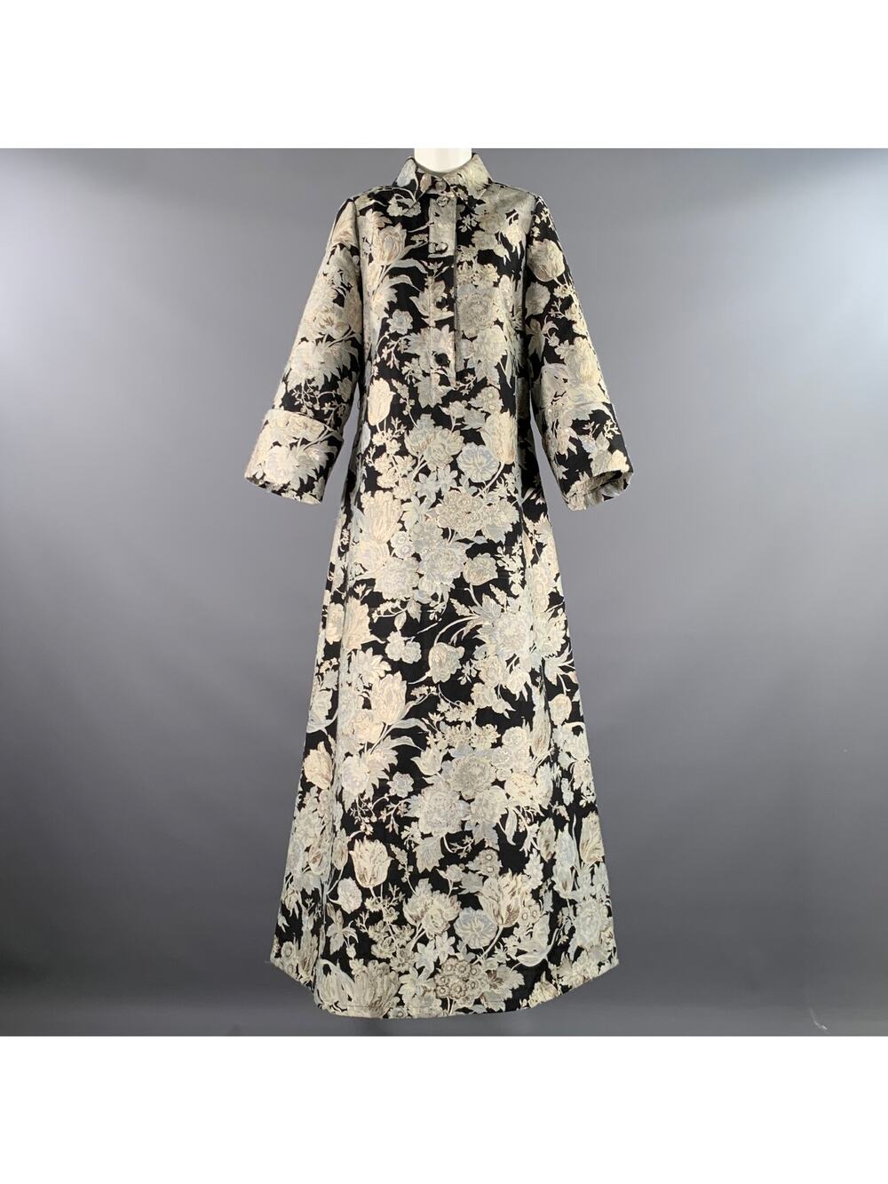 ERDEM Size 10 Black Silver Silk Poly Blend Floral A-Line Long Dress